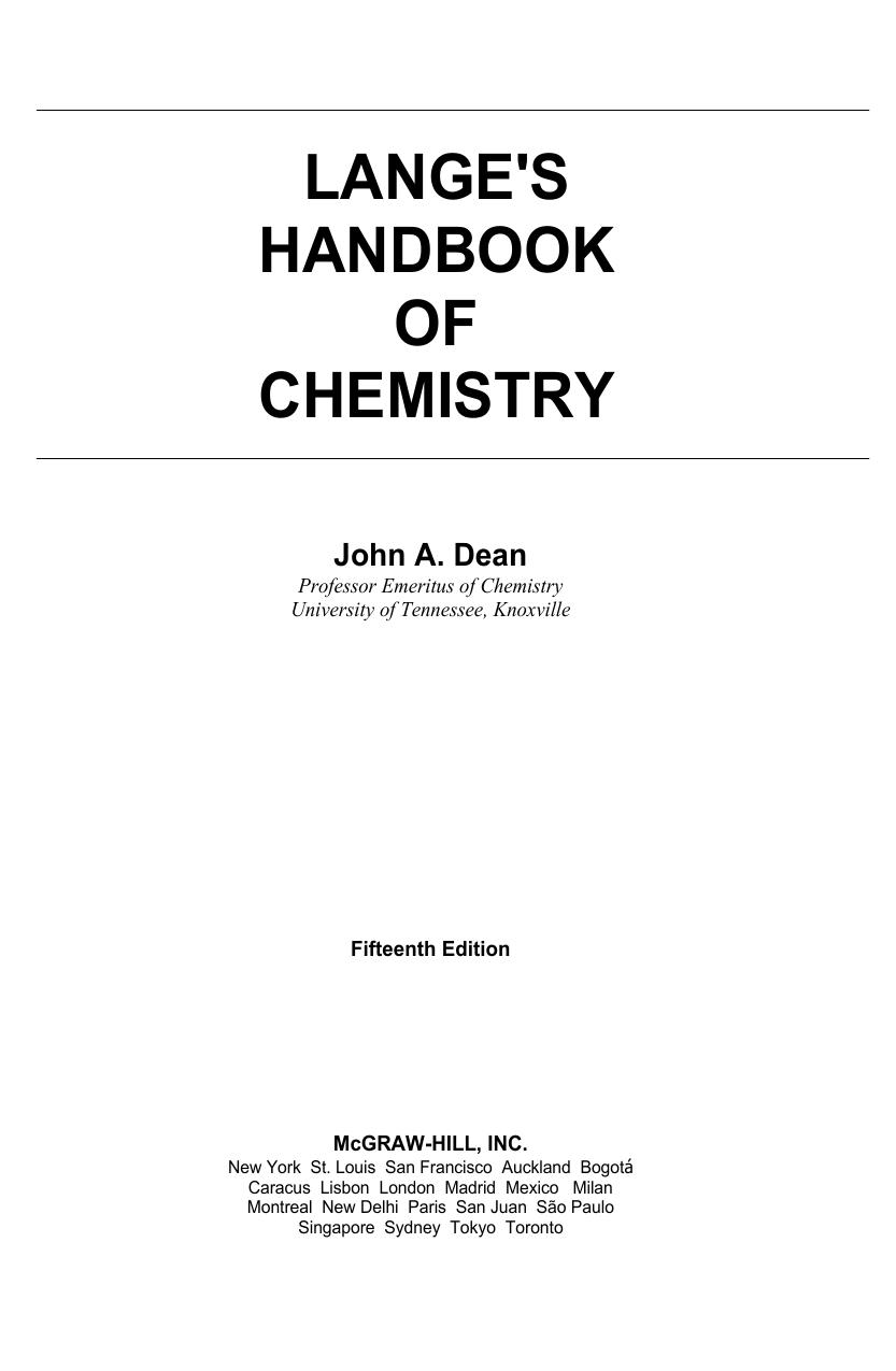 Lange's Handbook of Chemistry Fifteenth Edition